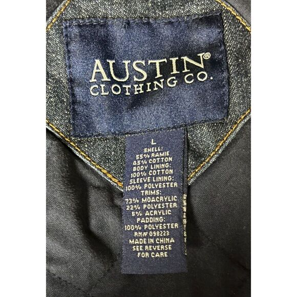 Austin Denim Jacket Size Large Blue Fur Collar Long Sleeve Zip Trucker Western - Picture 10 of 13